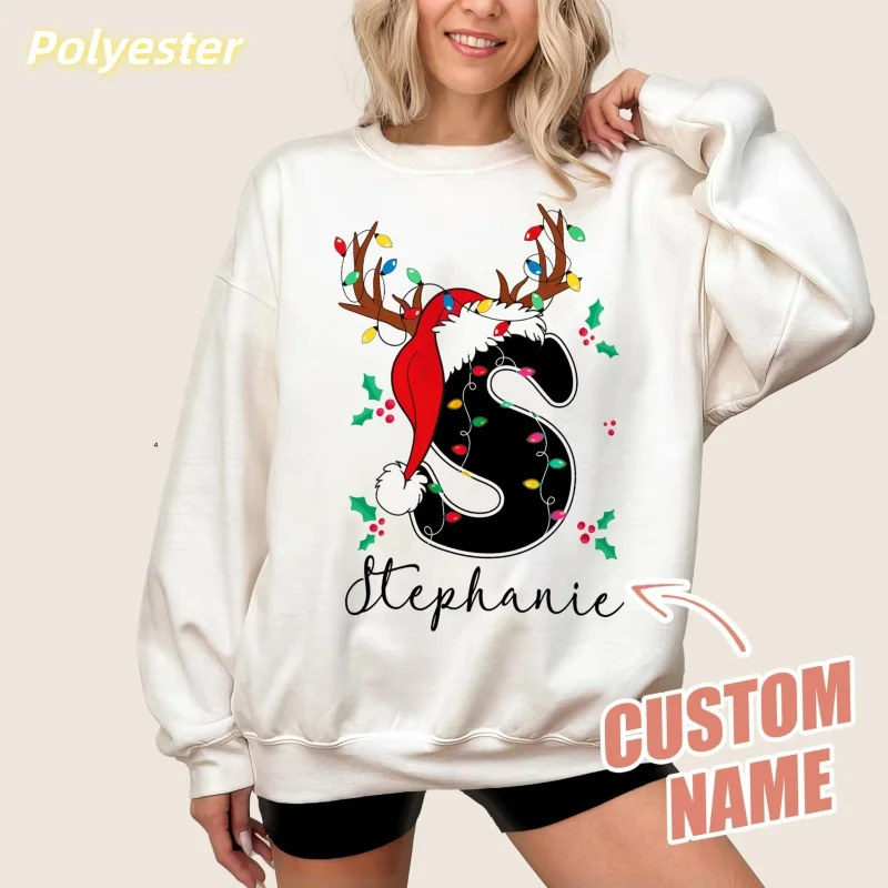

Christmas Letter Pattern Sweatshirts For Men Women Customized Name 3D Printed Pullover Loose Hoodies Long Sleeve Round Neck Tops