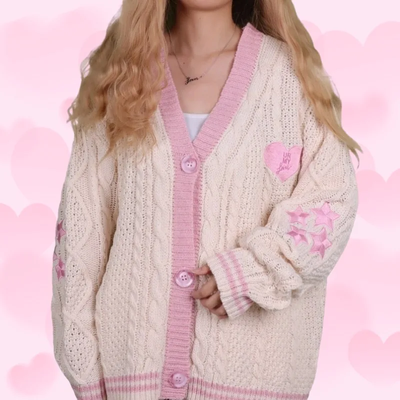 Pink Lover Cardigan Women Autumn Winter Heart Shaped Embroidery Cardigans Female Loose Fit V-neck Knitted Sweater Oversized Tops