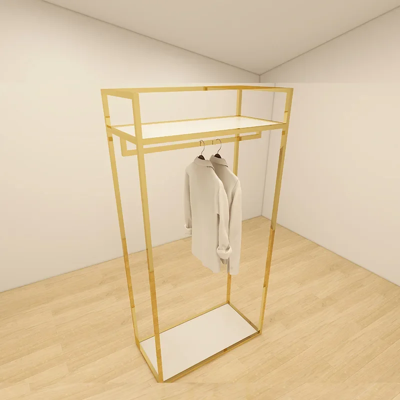 Wedding shop display stand, gold wrought iron square frame floor stand, light luxury dress display stand