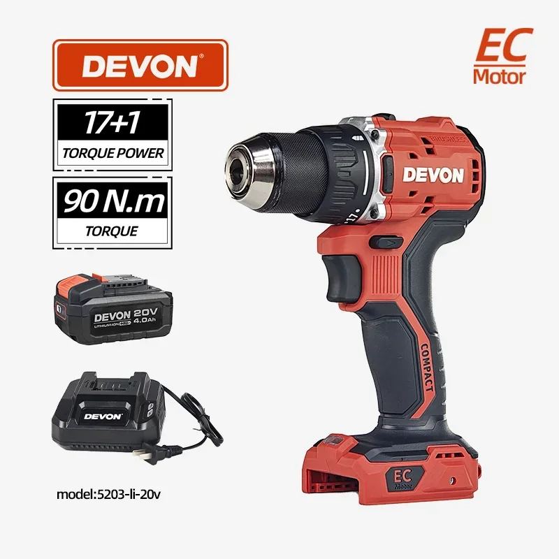 

Devon 90N.m 13MM 17+1 Torque Brushless Electric Impact Drill Cordless Electric Screwdriver DIY Power Tool For 20V 4Ah Battery