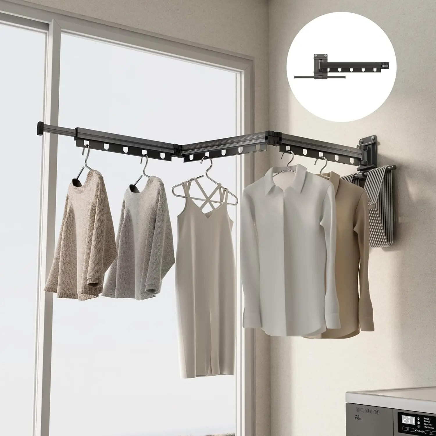 

Foldable Wall-Mounted Drying Rack, Retractable, Space-Saving, with Extra Bar