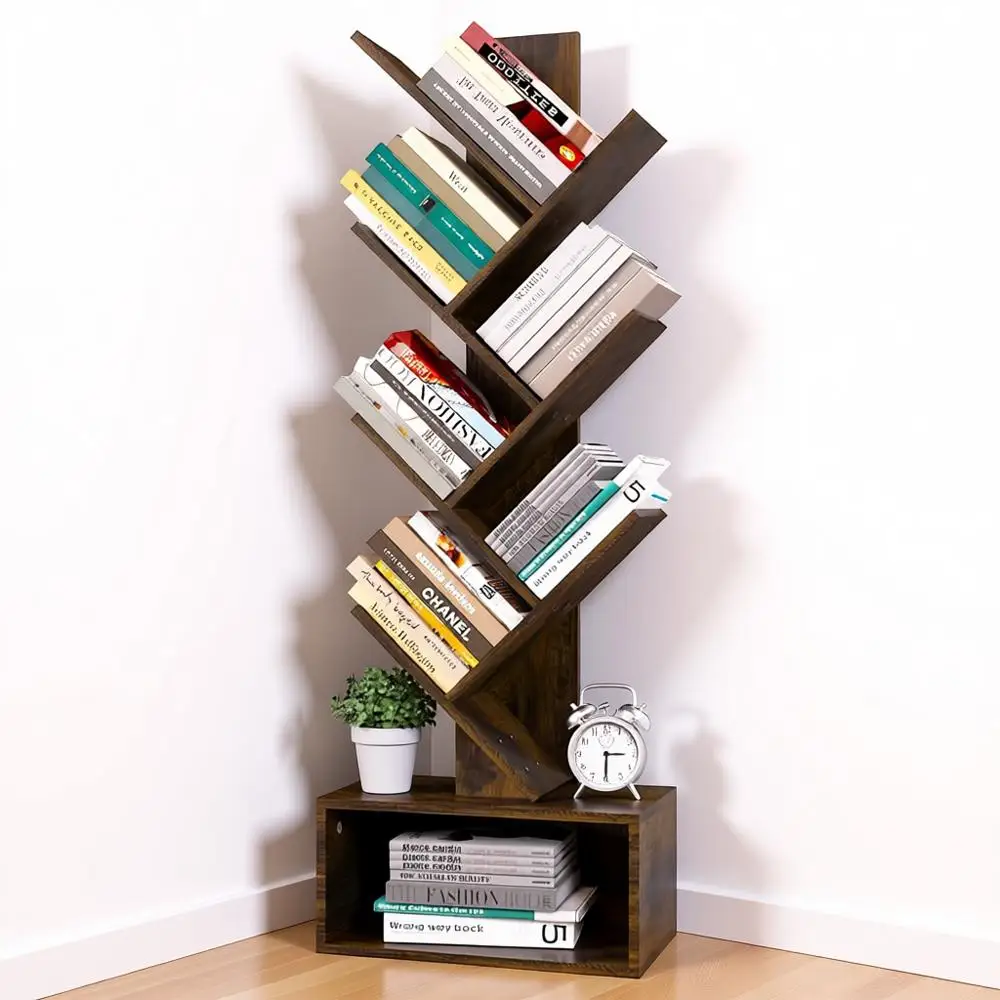 

6 Shelf Retro Floor Standing Bookcase, Tall Wood Storage Rack for Movies/Books, Utility Organizer Shelves for Bedroom, Living Ro