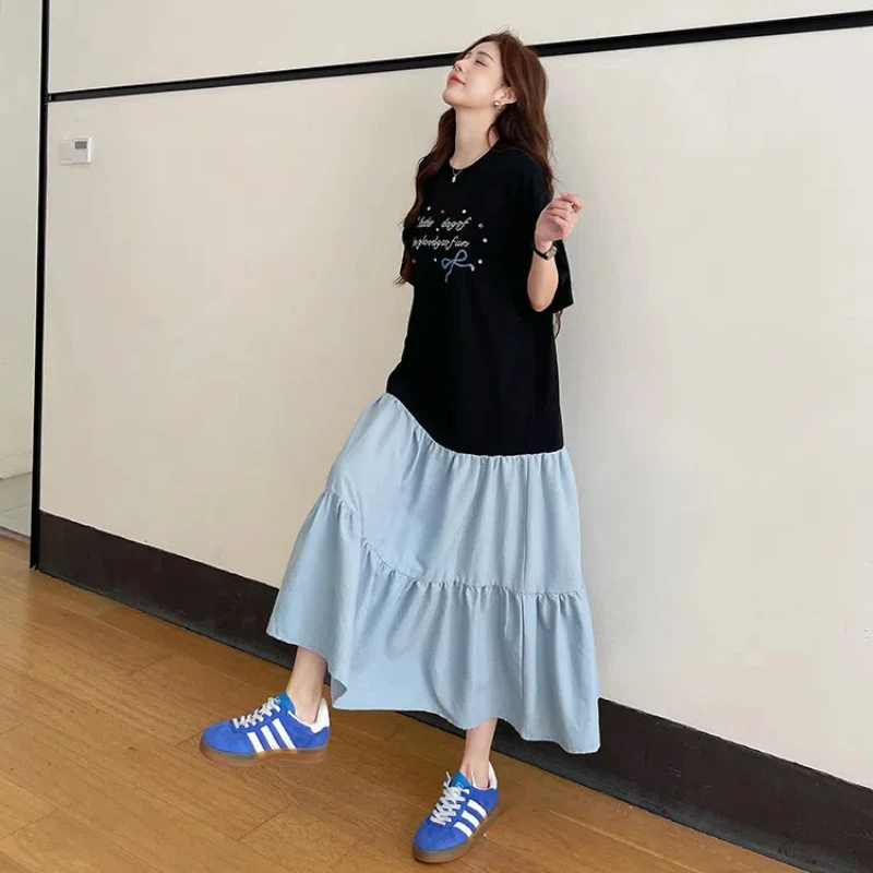 Summer Women's Dresses Woman for 2025 New Loose Patchwork T-Shirt Dress Heavy Diamond Short Sleeve Female Clothing KE6673