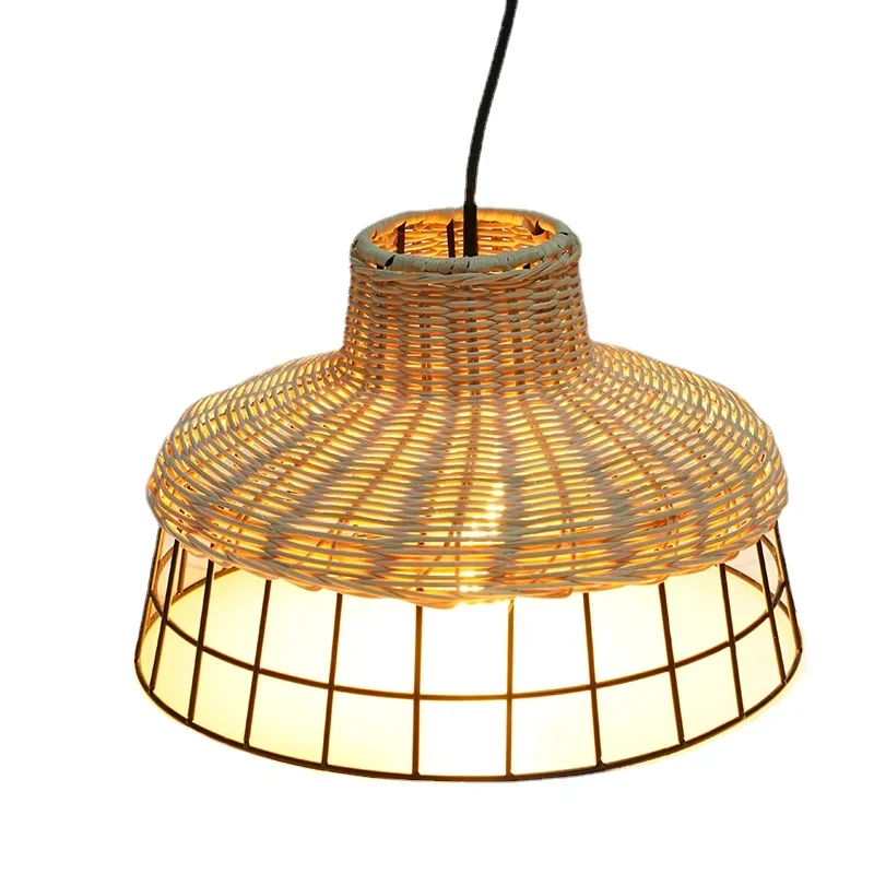 

Coffee shop black pendant light handmade lampshade with rattan bamboo round rattan lamp