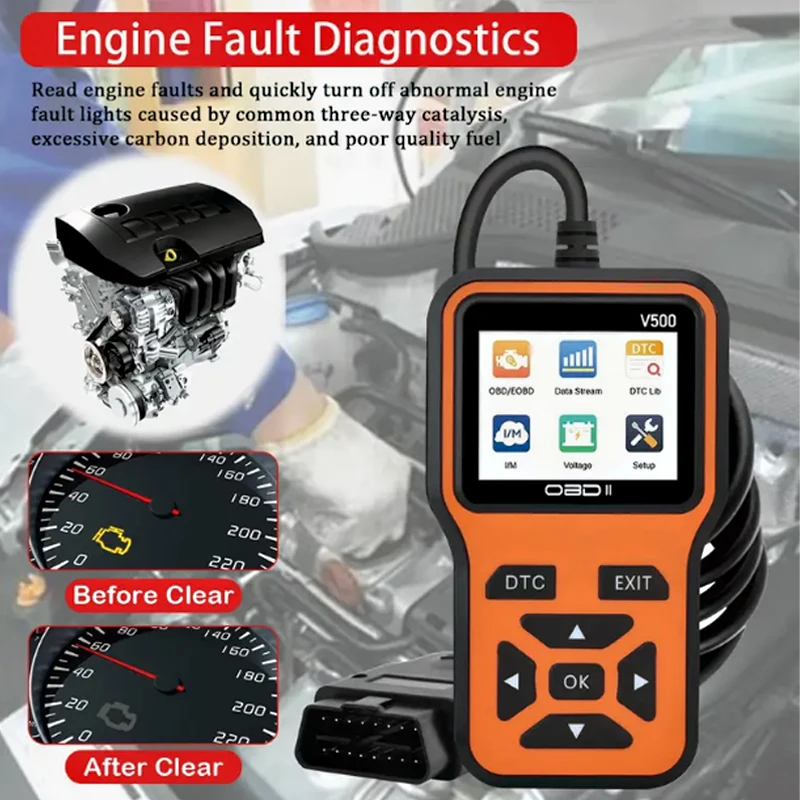 OBD2 Scanner V500 - Instant code reader and voltage check for full system diagnosis of OBDII/CAN vehicles and 0s fault analysis