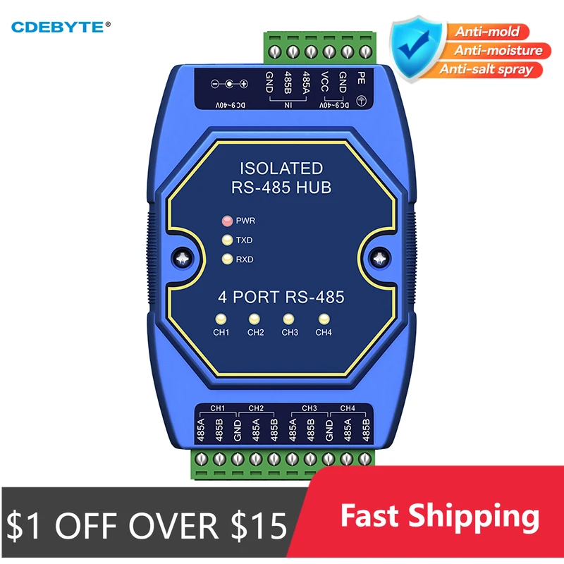 산업용 4방향 캐시 RS485 허브 광전 절연 DC8-28V CDEBYTE E810-R14 ESD 보호 전력 및 신호 절연