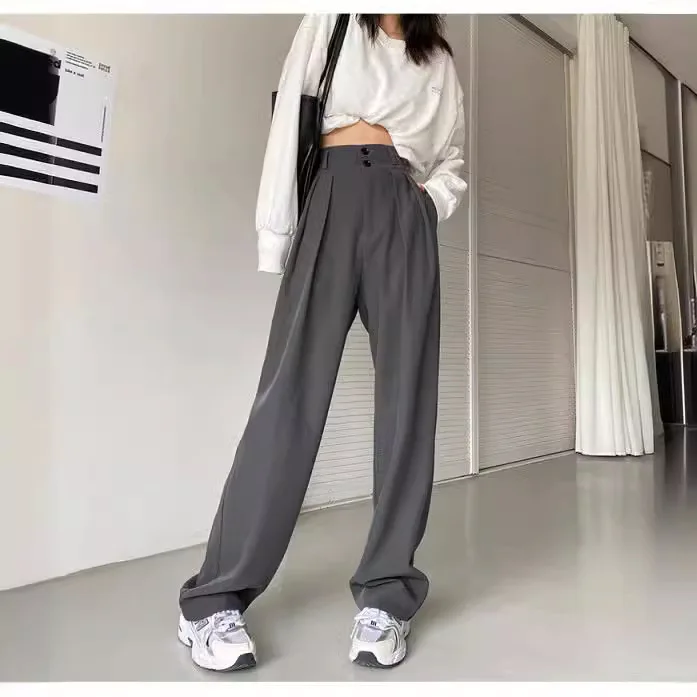 Elegante Weite Hosen für Damen im Koreanischen Stil mit Hoher Taille, Schwarze Baggy-Hosen, Büro-Damenmode, Lockere Anzughosen, Streetwear – Detail 9