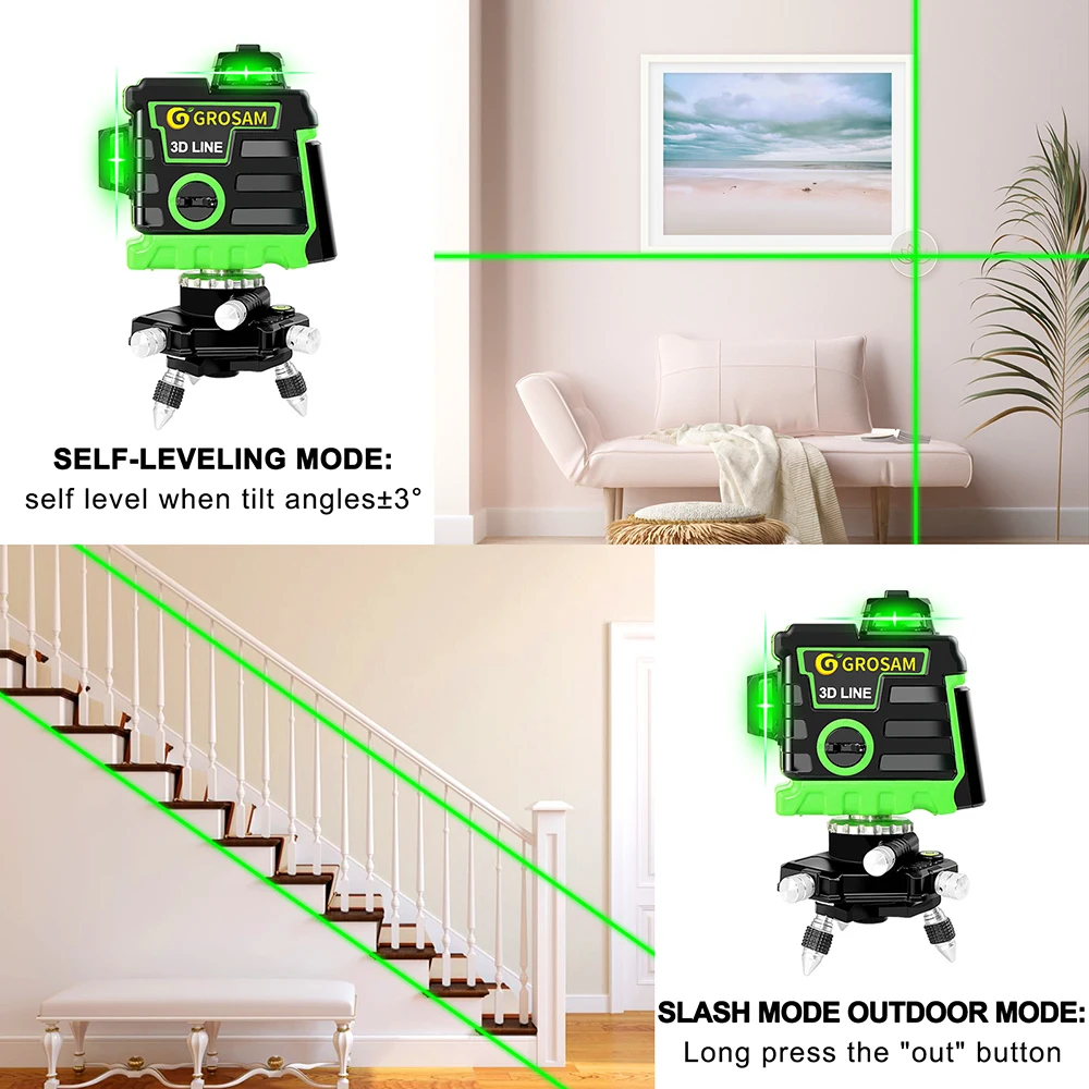 GROSAM Laser Level 12 Lines 3D Green Laser Level Self-Leveling 360 Degrees And Vertical Cross Lines Green Laser Beam Lines