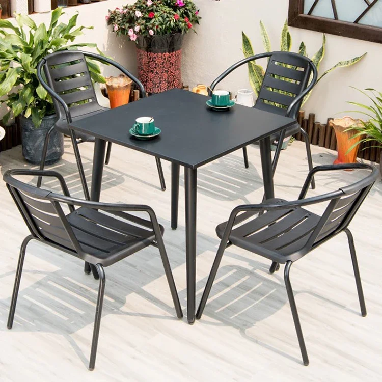 

A Modern outdoor metal frame plastic dining chair set courtyard bistro courtyard garden restaurant cafe balcony