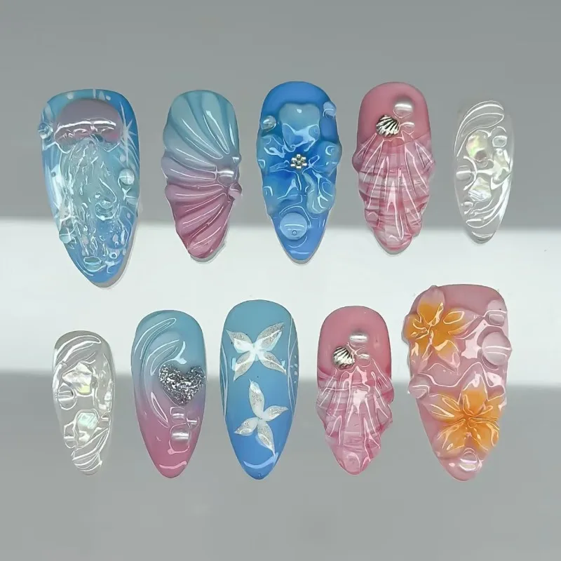 

30Pcs False Nails Long Almond-Shaped Multi-Color 3D-Carved Shell-and-Pearl Design Press-On Nails—Perfect As A Gift for Girls