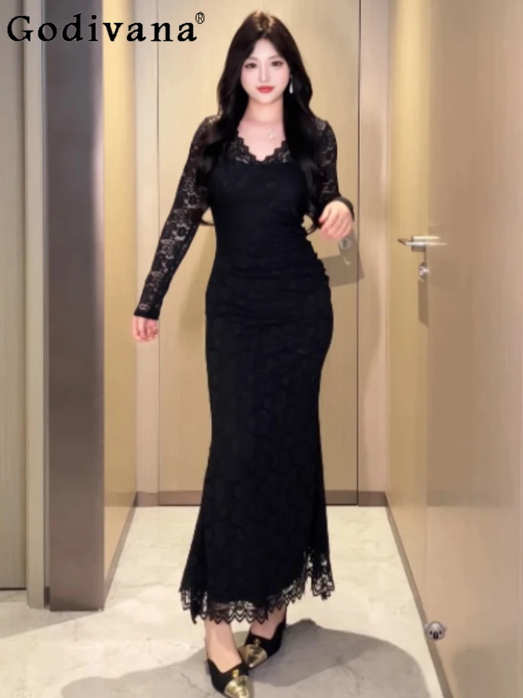 

Women Autumn New Plus Size French Sexy V-Neck Lace Dress Black Versatile Fashion Long Sleeve High Waist Slim Party Dresses