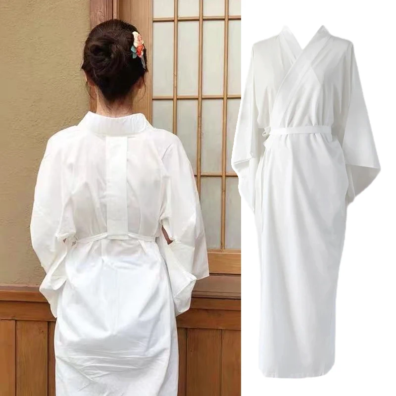 White Traditional Japanese Kimono with Belt Robe Length Sleeves Yukata Lining Pajamas for Vacation Spa Hospital Deliver and Gym