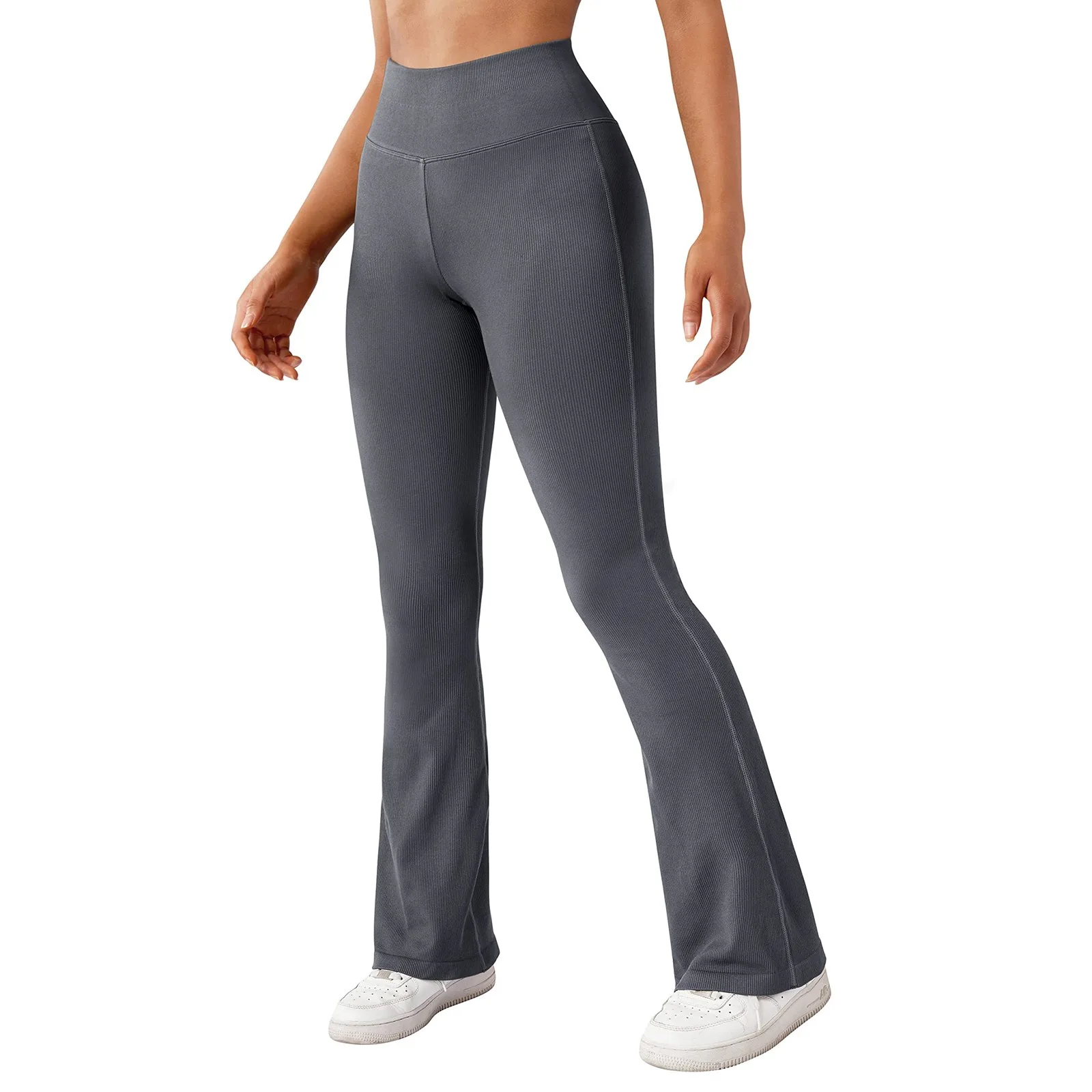 Calças lare de cintura média elástica para mulheres, calças longas de treino casual, calças leggings fashion, controle de barriga, 2024