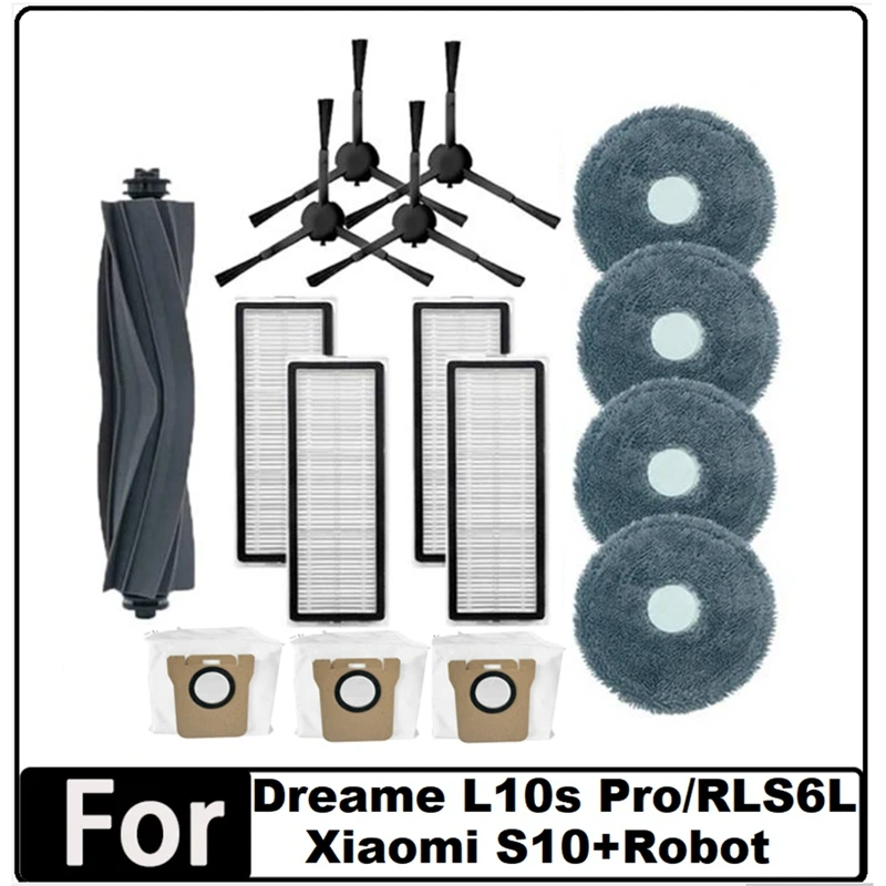 16PCS For Dreame L10S Pro/RLS6L / Xiaomi S10+Robot Vacuum Cleaner Replacement Roller Brush Side Brush Filter Mop Dust Bag