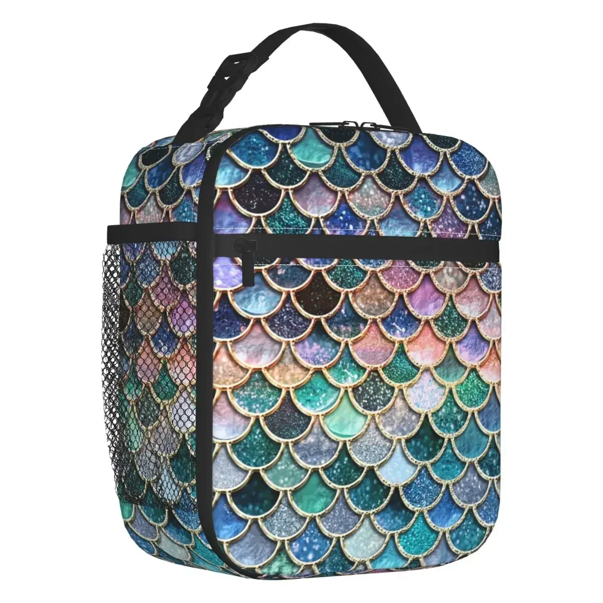 Pretty Colorful Glitter Scales Insulated Lunch Bag for Women Waterproof Thermal Cooler Lunch Box Beach Camping Travel