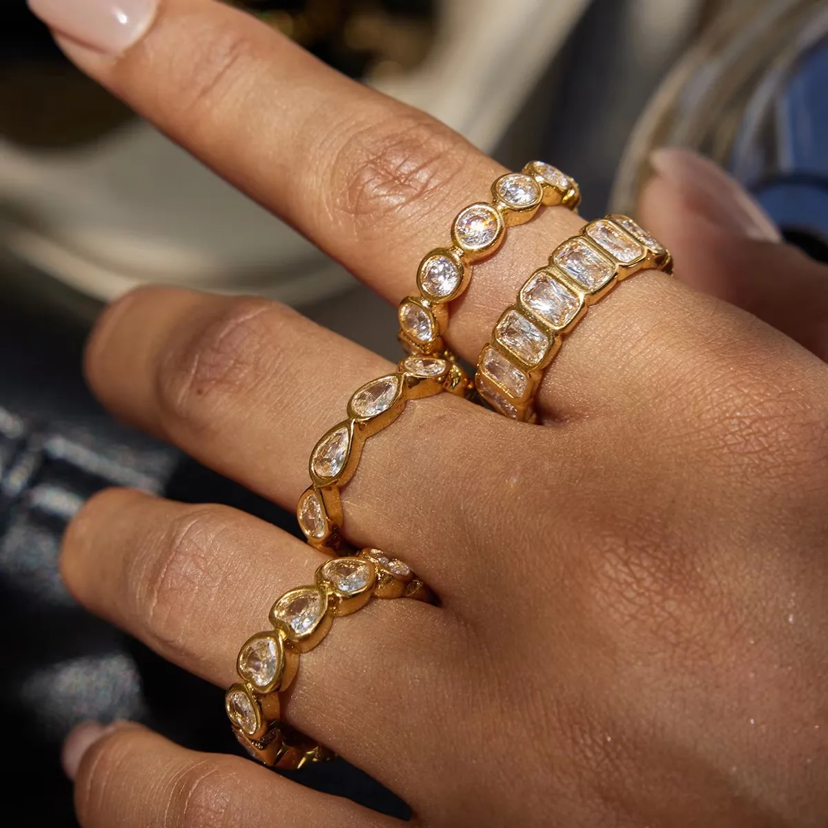 2026 New Simple 18K Gold Color Plated Stainless Steel Zircon Water Drop Shaped Sparkling Ring Stackable Heart Shaped Full Zircon