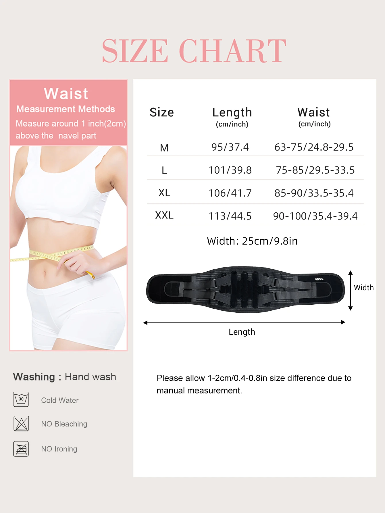 VBOSi خصر قابل للتعديل وجيد التهوية يدعم دعامة أسفل الظهر للرجال والنساء مع مثبتات معدنية