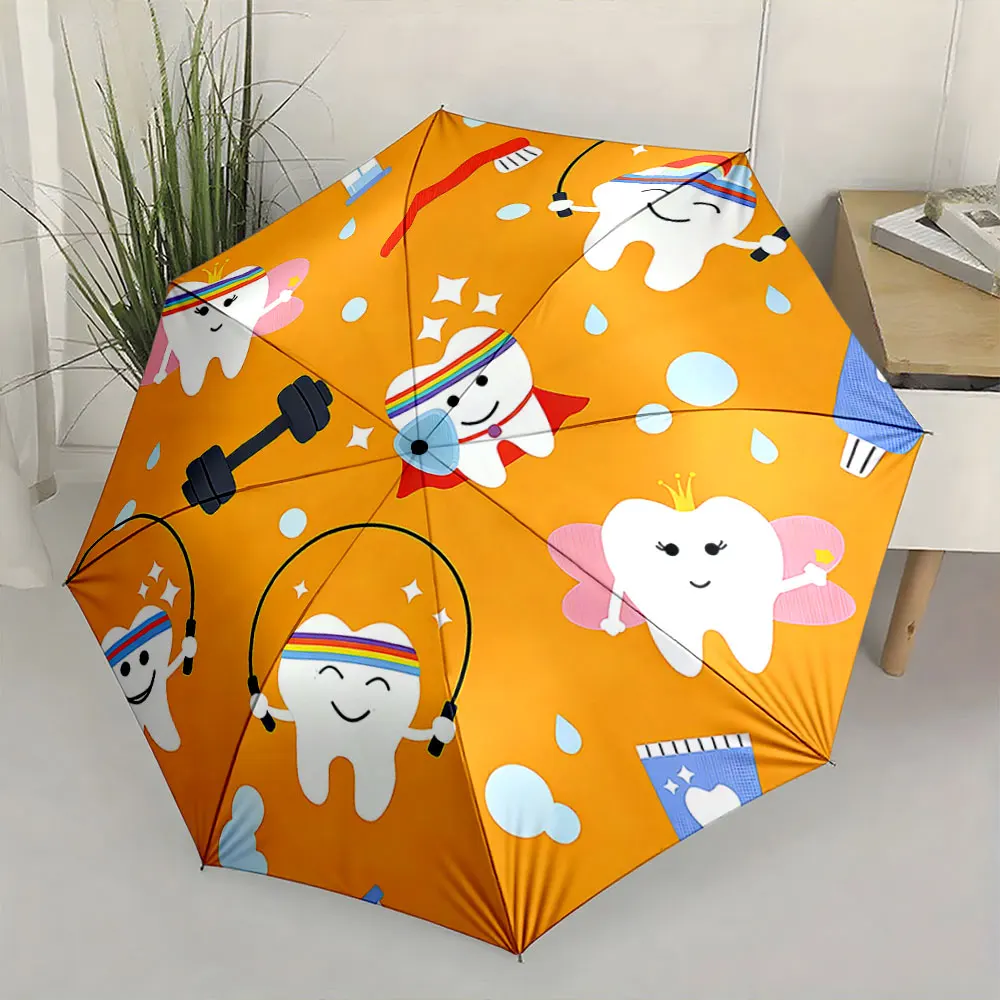 1PC Fun Tooth Characters on a Bright Umbrella Print 8 Iron Ribs Folding Umbrella Auto-Open Fashion Sunshade