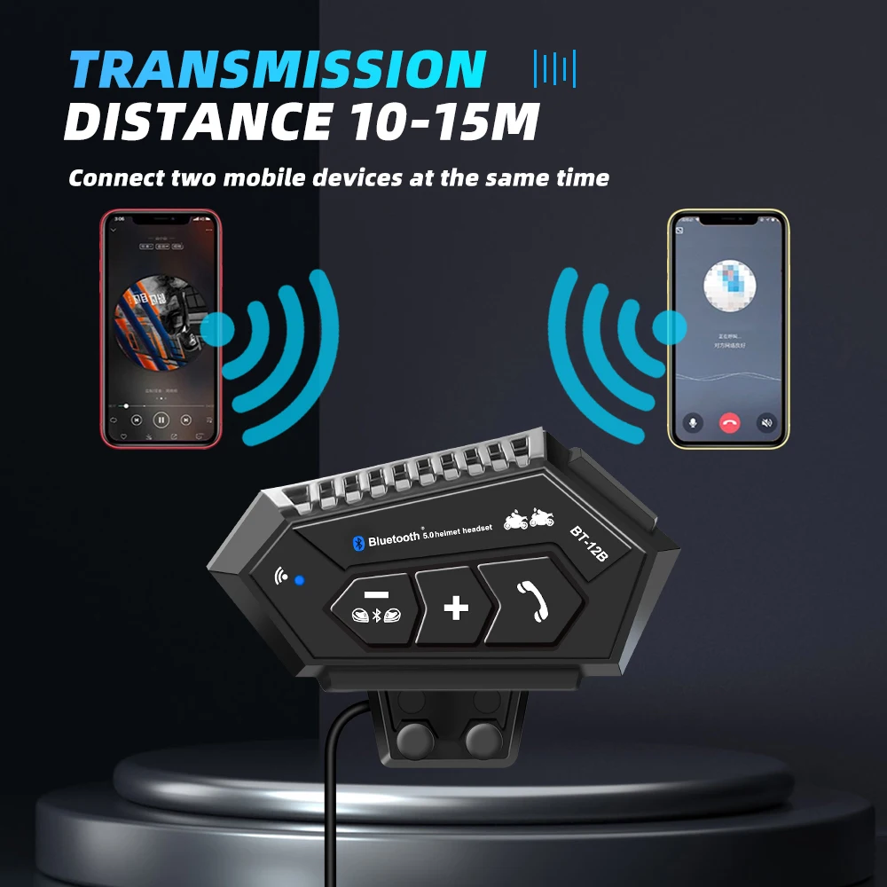 BT-12B Bluetooth 5.4 Helmet Headset Motorcycle Intercom Wireless Call Phone Kit Waterproof Interphone MP3 Music Player Speaker