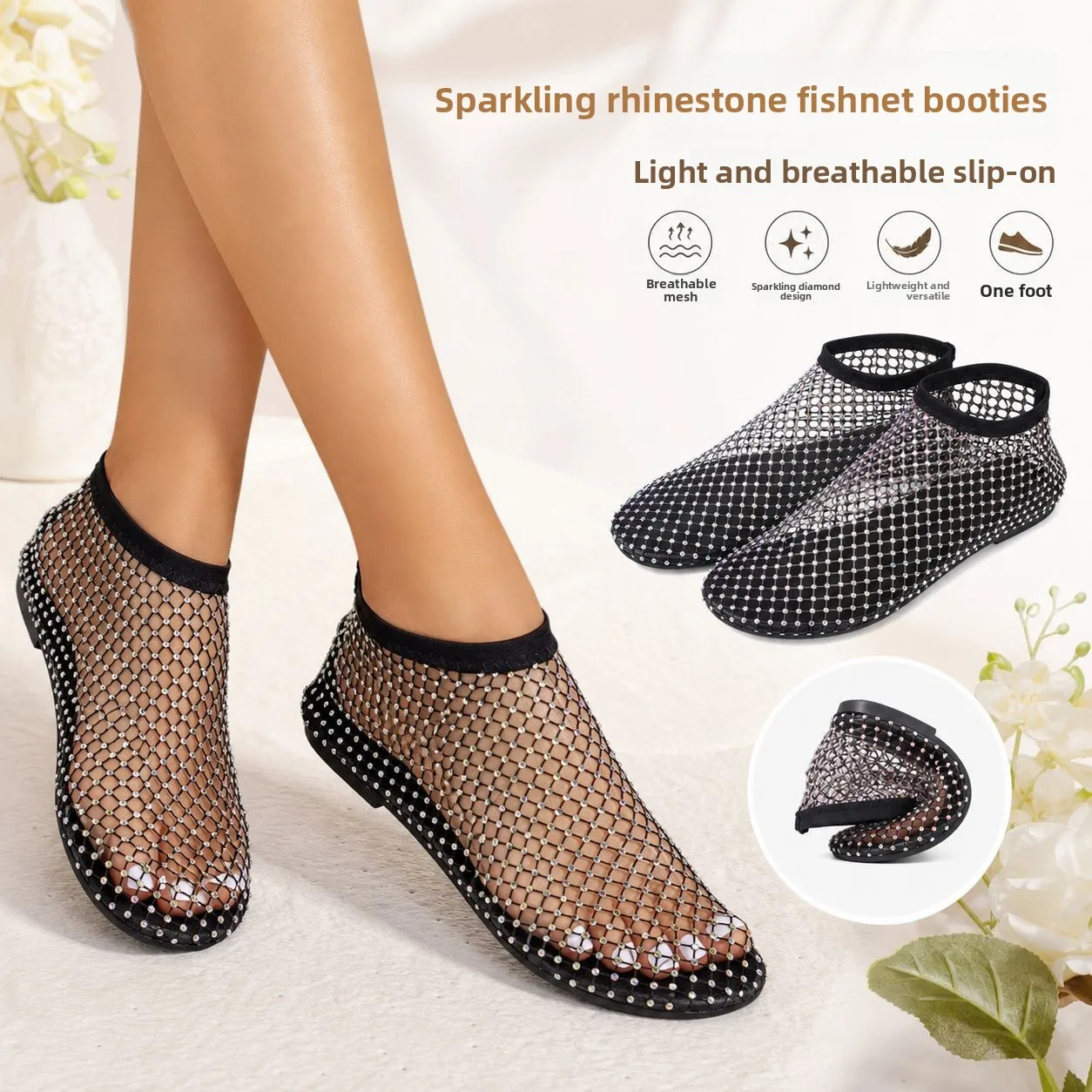 2026 Summer Womens Plus Size Rhinestone Mesh Sock Sneakers Breathable Hollow-out Slip-on Trendy Casual Fashion Walking Sandals