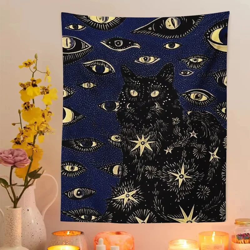 VIKAMA Mysterious Black Cat Art Tapestry Red Background Starry Sky Pattern Gothic Fantasy Wall Decoration Room Decoration