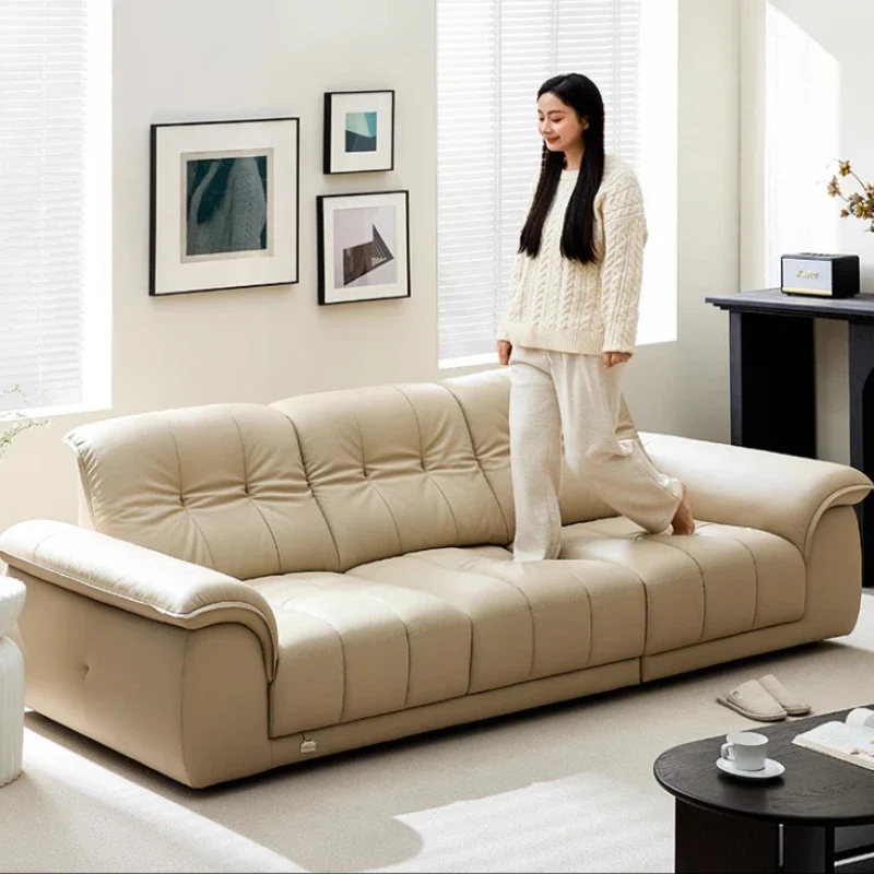 غرفة المعيشة الطبقة الأولى جلد البقر صف مستقيم البتلة أريكة 1-شكل الحد الأدنى الحديثة جلد طبيعي سحابة الاقسام كسول الأريكة #3