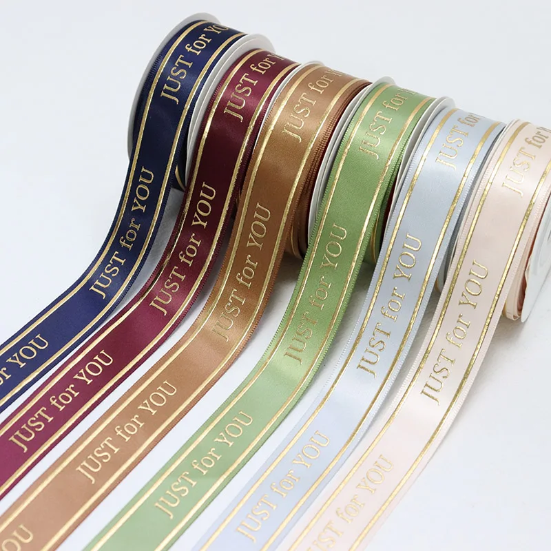 

7/8'' 22mm Gold Foil Just For You Print Satin Ribbon For Valentine's Day Decoration Flowers Cake Gift Packaging DIY Material