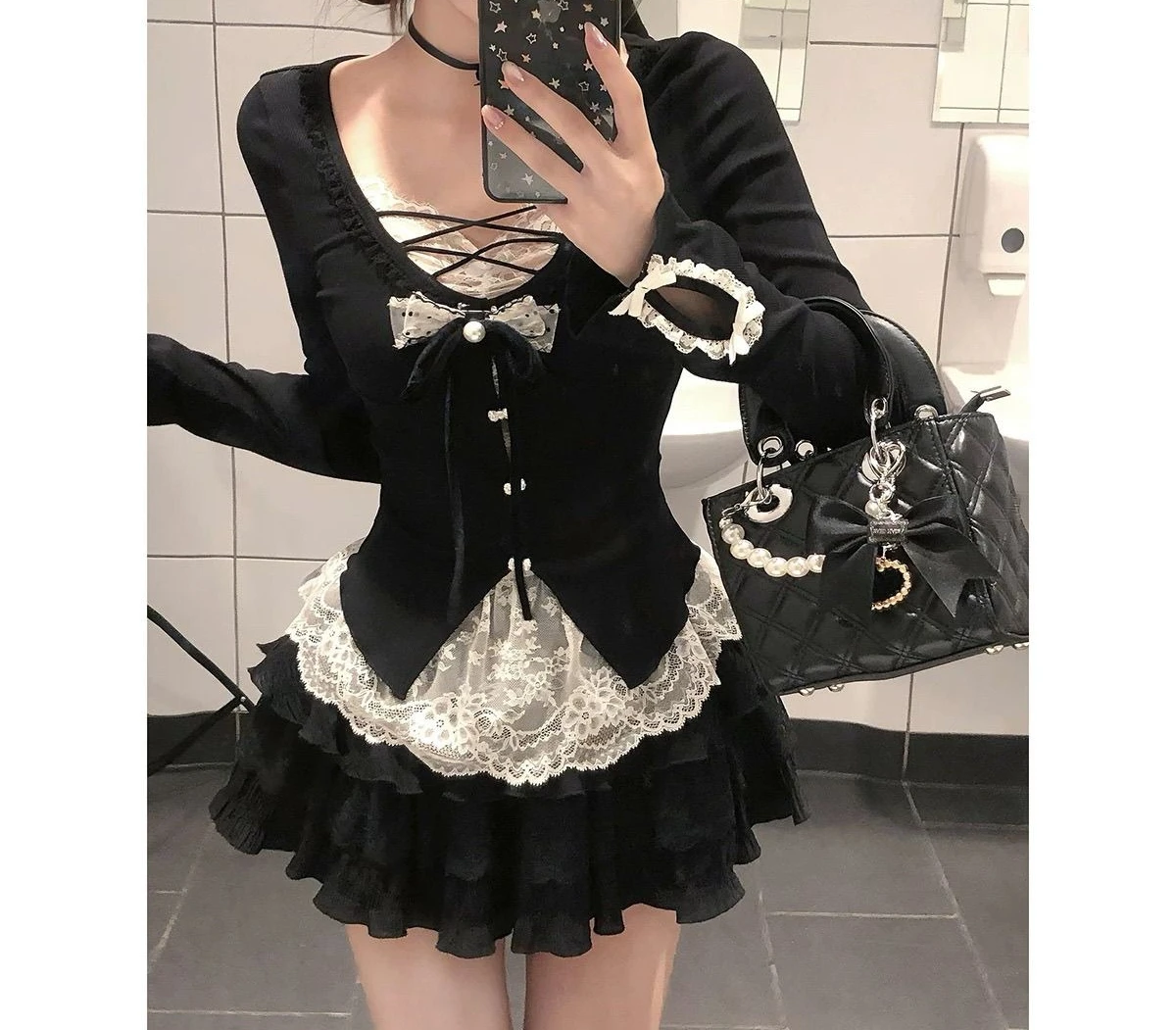 

Spring and Summer Sexy Long-sleeved Fake Two-piece Top Fluffy Skirt Two-piece Suit Girls