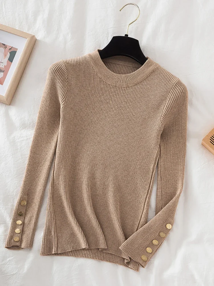 HELIAR 2024 women thick sweater pullovers khaki casual autumn winter button o-neck sweater female slim knit top soft jumper tops