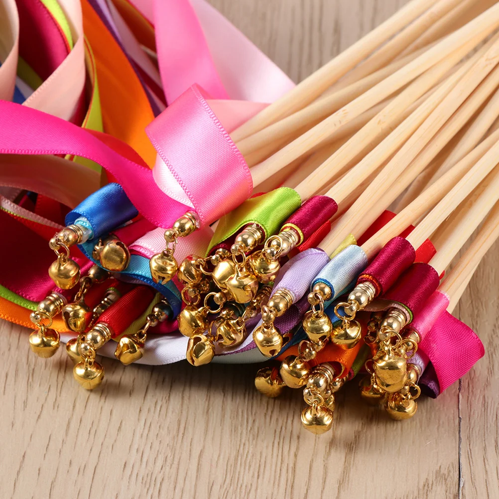 

50Pcs Wedding Ribbon Wands Assorted Colors Streamer Fairy Sticks Bell Sound Party Favors for Wedding Performance Celebration
