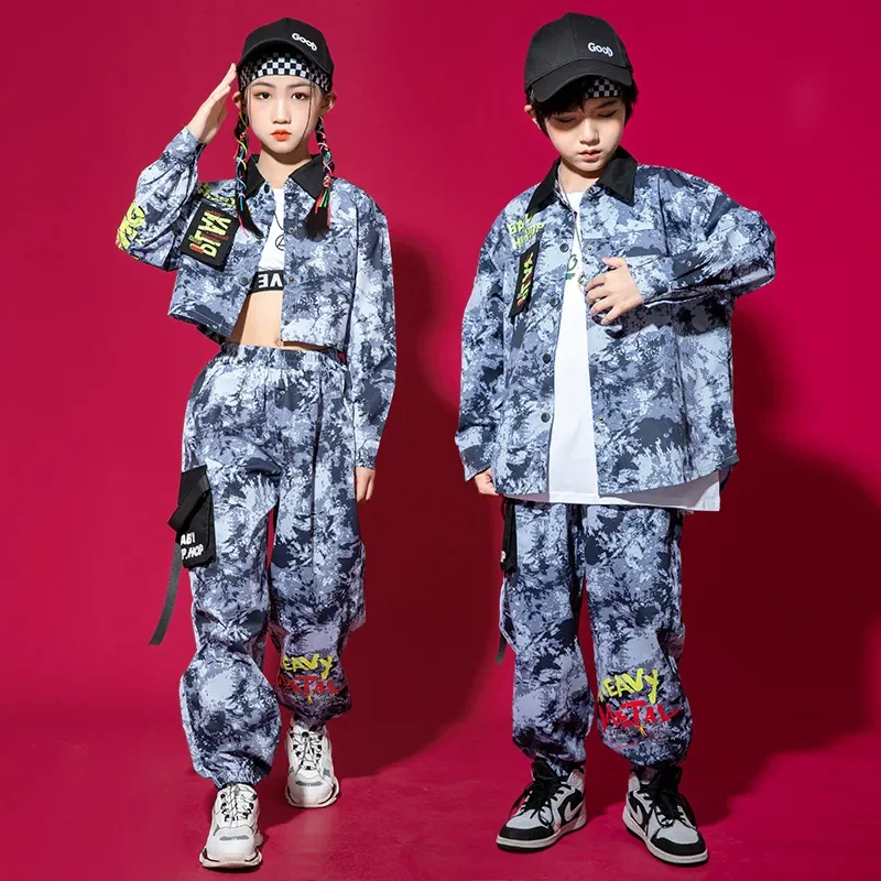 Camouflage Crop Top Shirt Streetwear Strap Cargo Jogger Pants for Girl Boy Jazz Dance Costume Clothes Kid Kpop Hip Hop Clothing