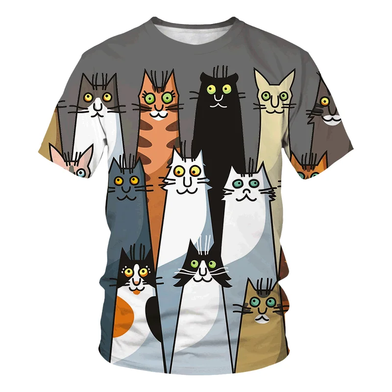 Brief strokes cat pattern men\'s T-shirt childish fun men women short sleeved casual loose top summer round neck sportswear 6XL