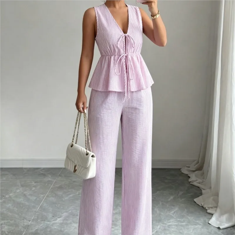 

2026 New Women's Long Pants Set Sleeveless V-neck Fashion Comfortable Striped Temperament Elegant Unique Minimalist Wide Leg Set