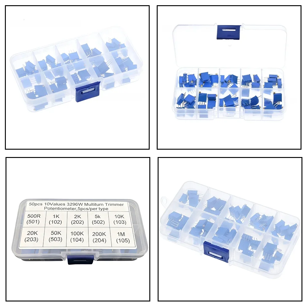 50pcs 3296W Multiturn Potentiometer Kit With 10 Values For Circuit Adjustment DIY Electronics And Repair Projects In Storage Box