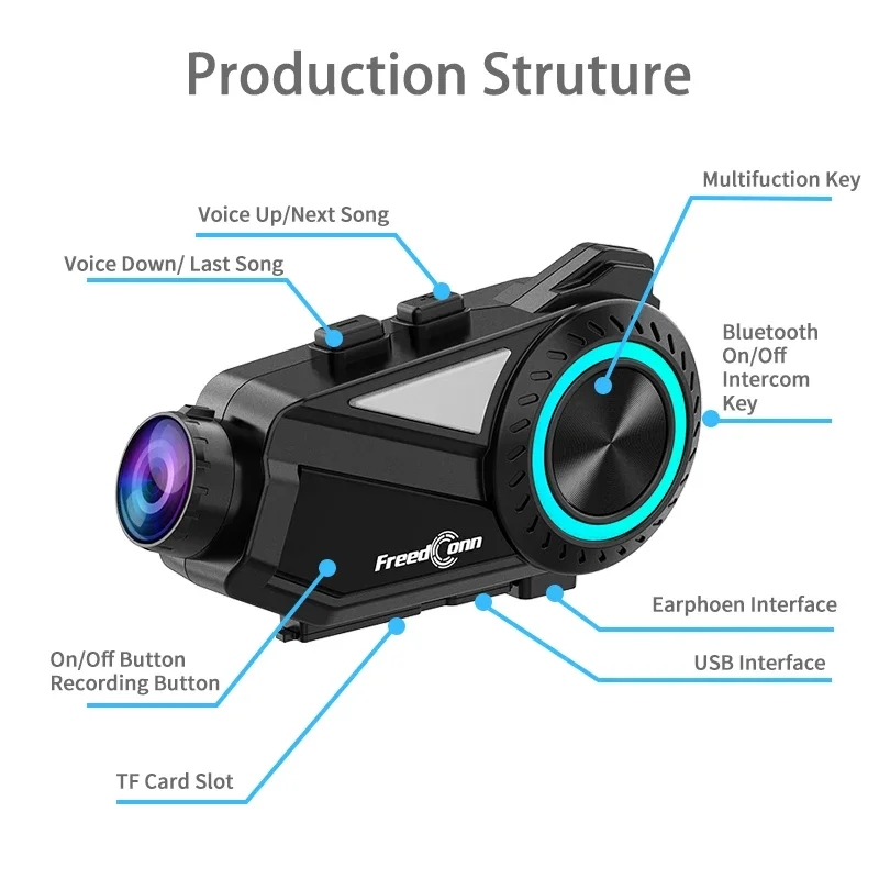 R3 FM Music Share Waterproof Bluetooth WiFi App Video Recorder 2K Camera Motorcycle Helmet Headset Intercom Dash Cam