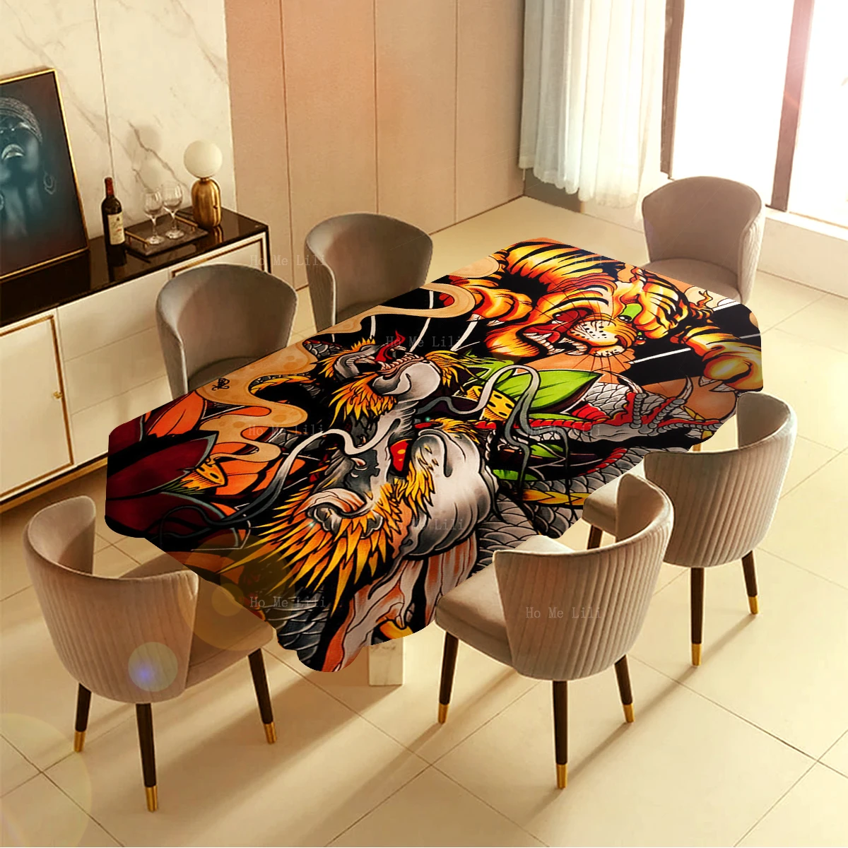 Battle Of The Heavens Dragon And Tiger Traditional Japanese Tattoo Dragon In Clouds Trippy Rectangular Tablecloth