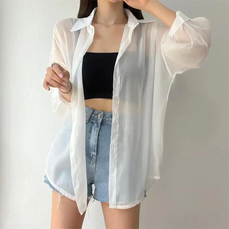 7 Colors Shirts Women Sheer Thin Chic Summer Simple Solid Sun-proof Tops Fashion Baggy All-match Basic Korean Style Sexy Clothes