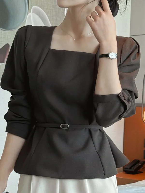 Elegant Korean Style Women's Shirt Square Collar Belted Waist Cinched Coarse Weave High Waist Bubble Sleeve Long Sleeve Top