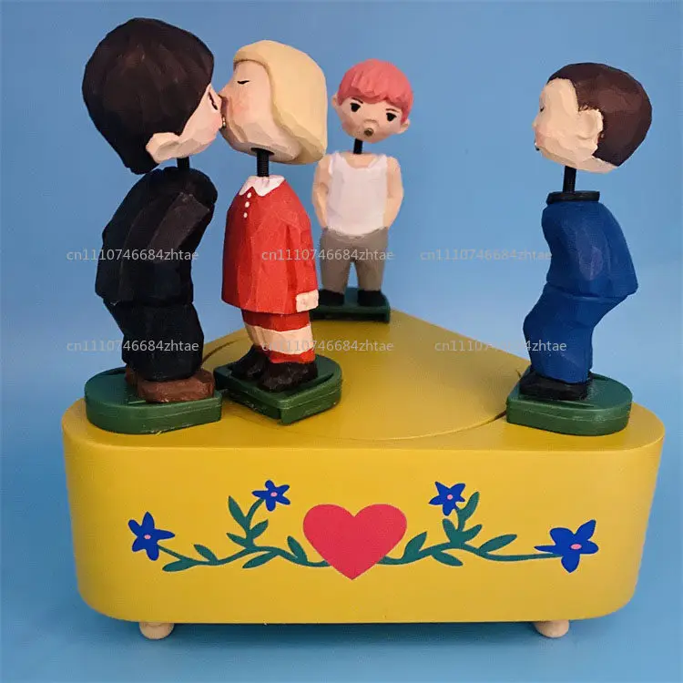 Music Box Solid Wood Engraving Music Box Kiss Creative Birthday Gift Ornament Electric Rotating Speaker