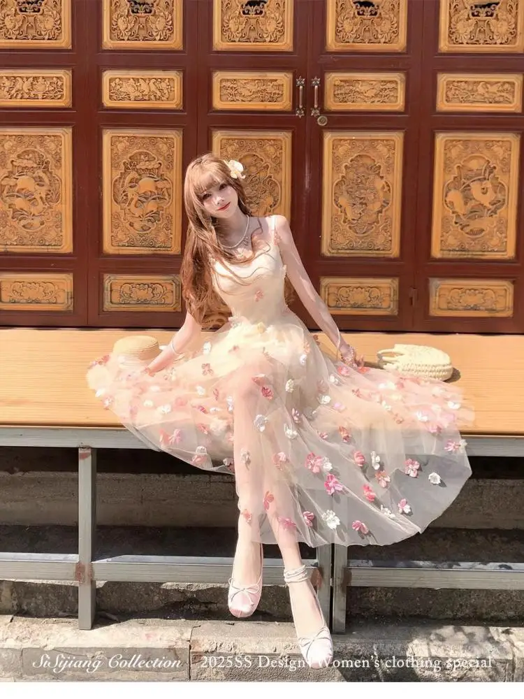 

Women's Beige Mesh V Neck Flower Decoration High Waist Elegant Slip Dress Summer Sleeveless Vacation Backless Lace-up Long Dress