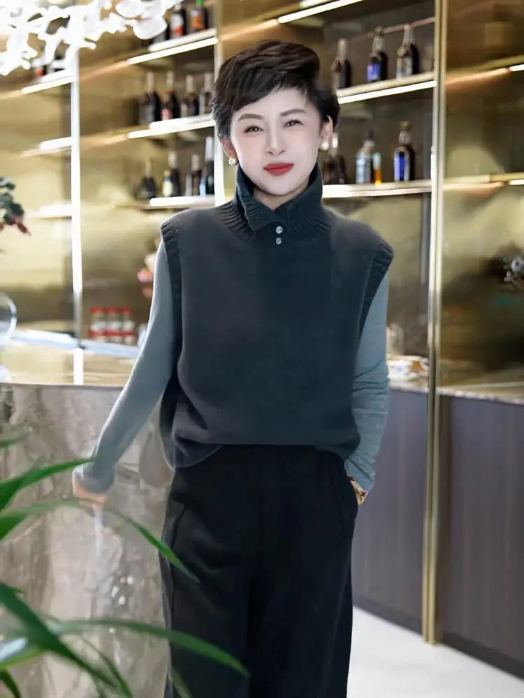 

Элегантный вязаный жилет с высоким воротником для женщин: модный многослойный верх для весны и осени в американском стиле