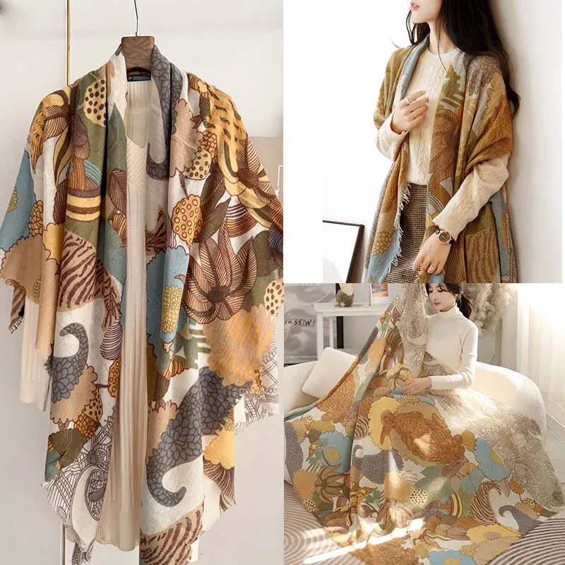 

Женский шарф из 100% шерсти с цветочным узором, 195*130 см. Модная и элегантная теплая шаль большого размера, платок, пляжное одеяло.