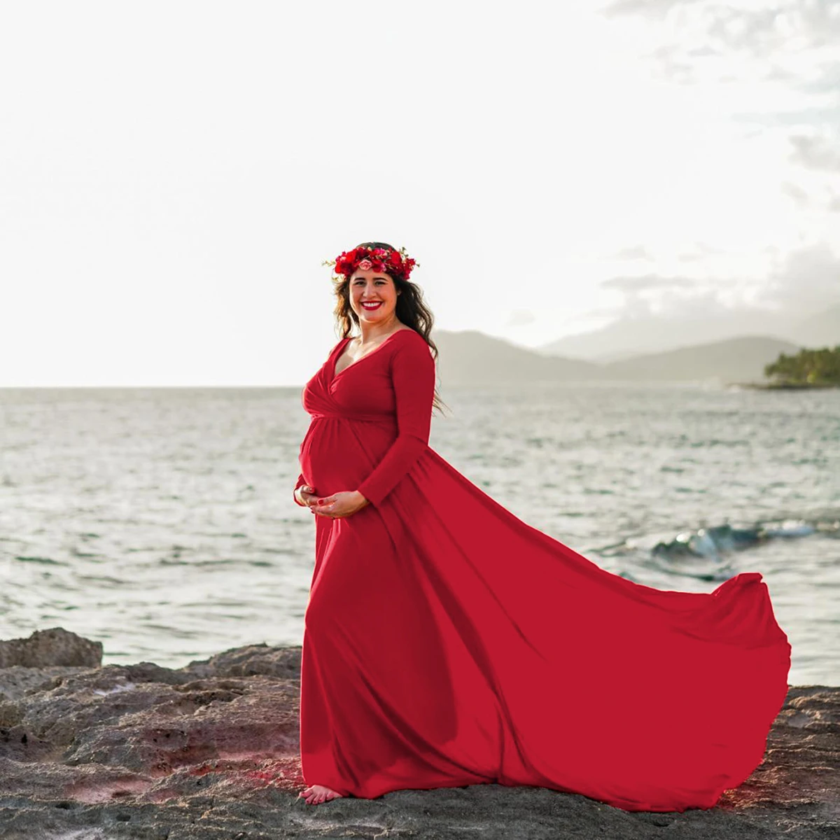 فستان ماكسي للأمهات برقبة على شكل حرف V وأكمام طويلة، فستان أنيق للتصوير الفوتوغرافي للنساء الحوامل