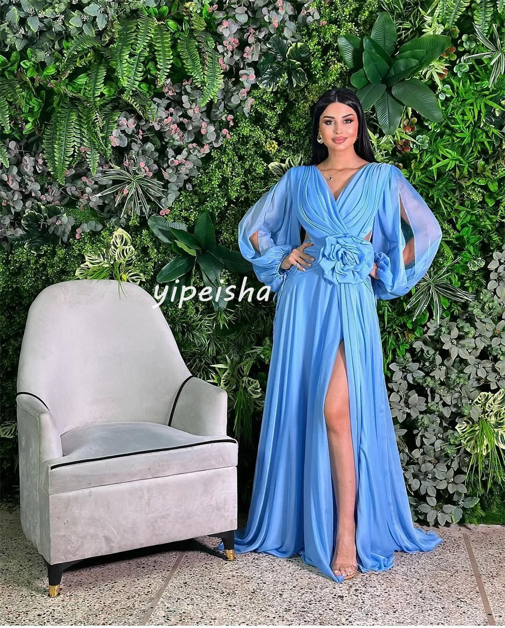 Customized Exquisite Elegant Chiffon Pleat Draped Handmade Flower A-line V-neck Long Dresses Prom Dresses Sizes Available Fashio