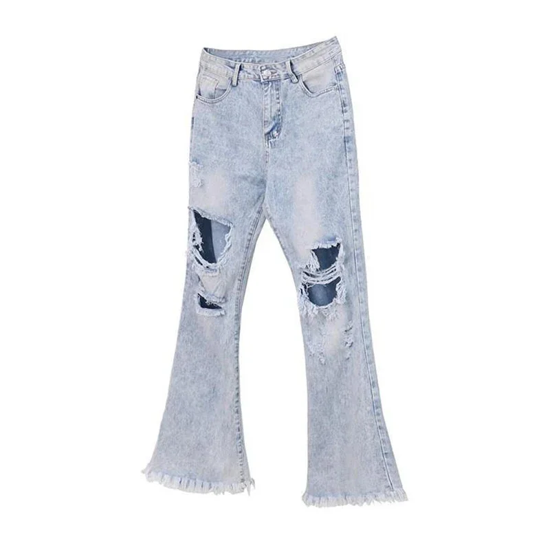 

Distressed Ripped Holes Jeans Pants For Man Straight-leg American Style Pants Slimming Bell Bottoms Loose Fit Summer Thin Pants