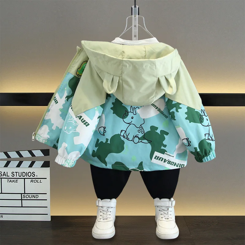 2025 Boys Spring Autumn Thin Windbreaker Hooded Jacket 1-6Y Cartoon Dinosaur Patchwork Zipper Coat Trendy Unisex Outerwear