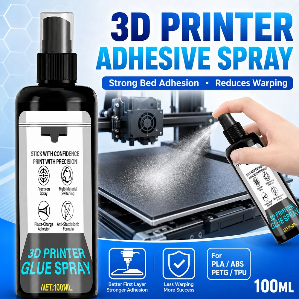 100/200ml Strong 3D Printer Adhesive Spray Suitable for PLA, ABS, PETG, TPU Filaments - Reduces Warping, Enhances Bed Adhesion