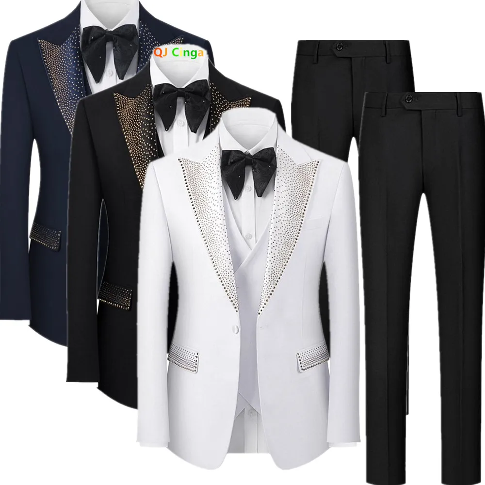 Wedding Tuxedo Set for Groom - Crystal Embellishments White Jacket and Vest with Black Trousers‌, The Gentleman's Choice.