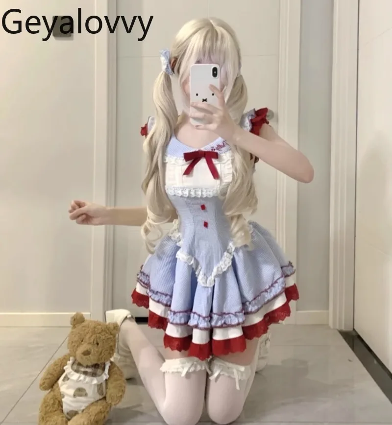 Słodka i Urocza Dziewczęca Sukienka na Szelkach z Wysokim Stanem w Niebieską Kratę, Krótka Sukienka z Kokardą, Koronkowym Kołnierzykiem Lalki, Nowa Letnia Bufiasta Sukienka dla Kobiet