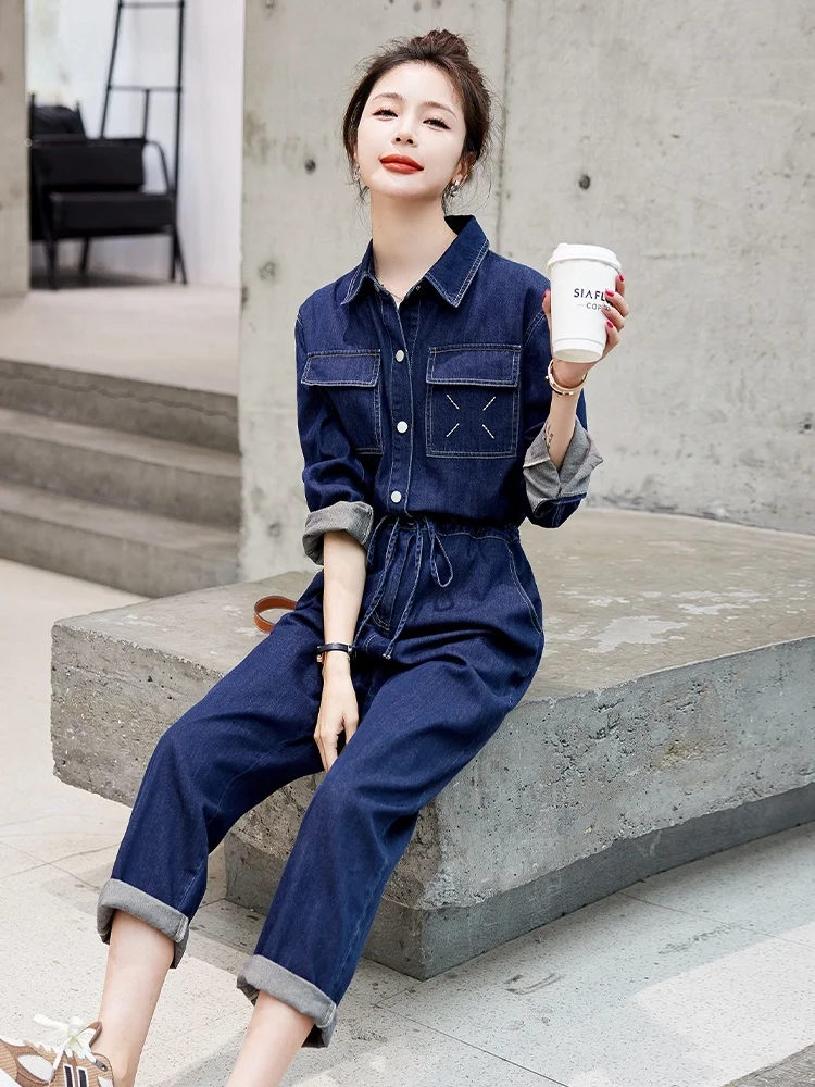 

La Chapelle Faionable Джинсовые комбинезоны Женская свободная рабочая одежда Rer Прямые хлопковые брюки с высокой талией Эксклюзив в Интернете